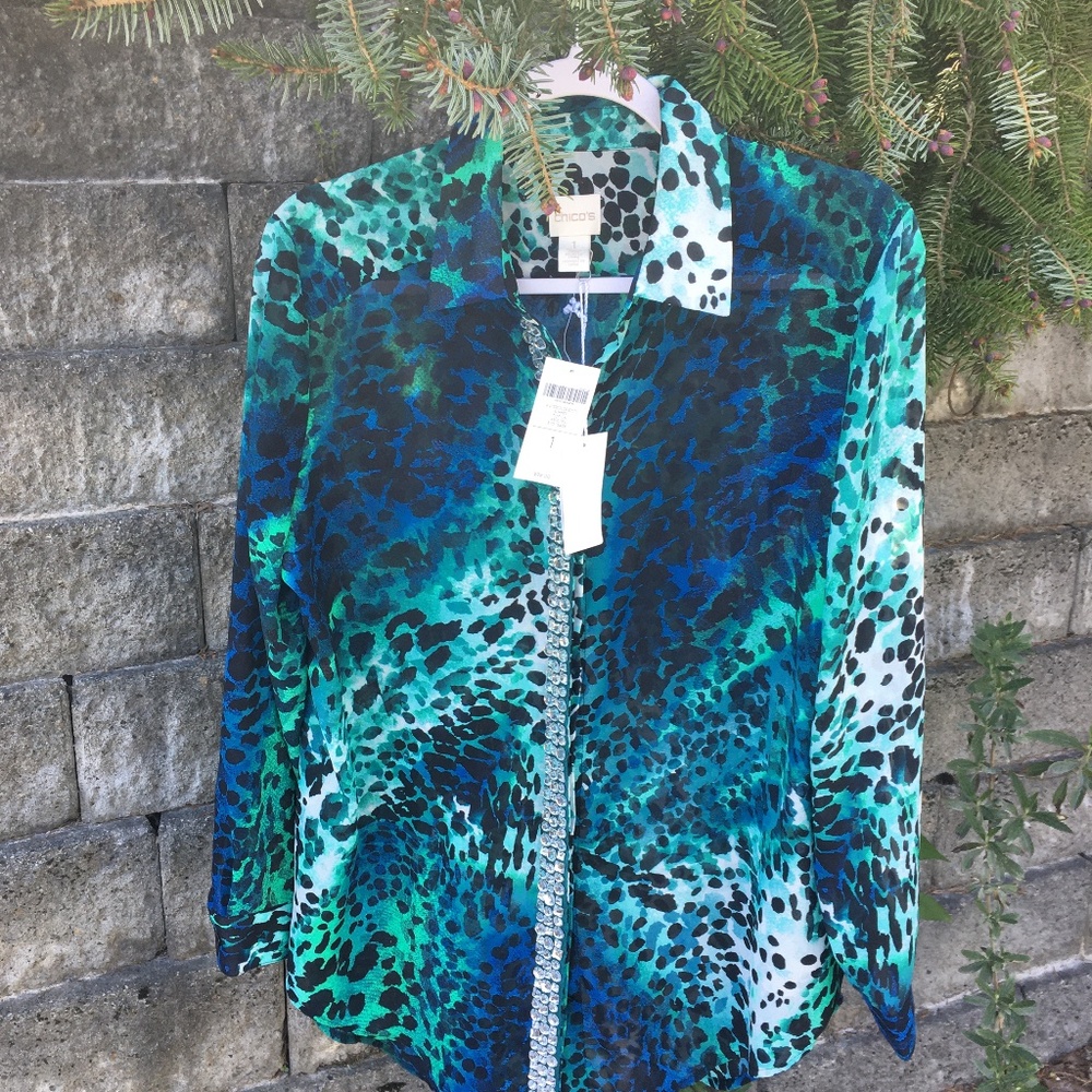 Chicos Watercolor LargoTeal Print Blouse w/Gems
